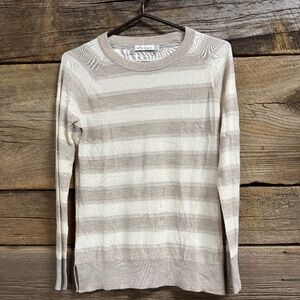 Peter Millar Cashmere and Silk Crewneck Stripe Sweater, Cream/Khaki, Small